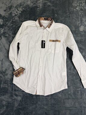 Coofandy Men Long-Sleeve White NWT Shirt With Plaid Collar & Cuffs Small